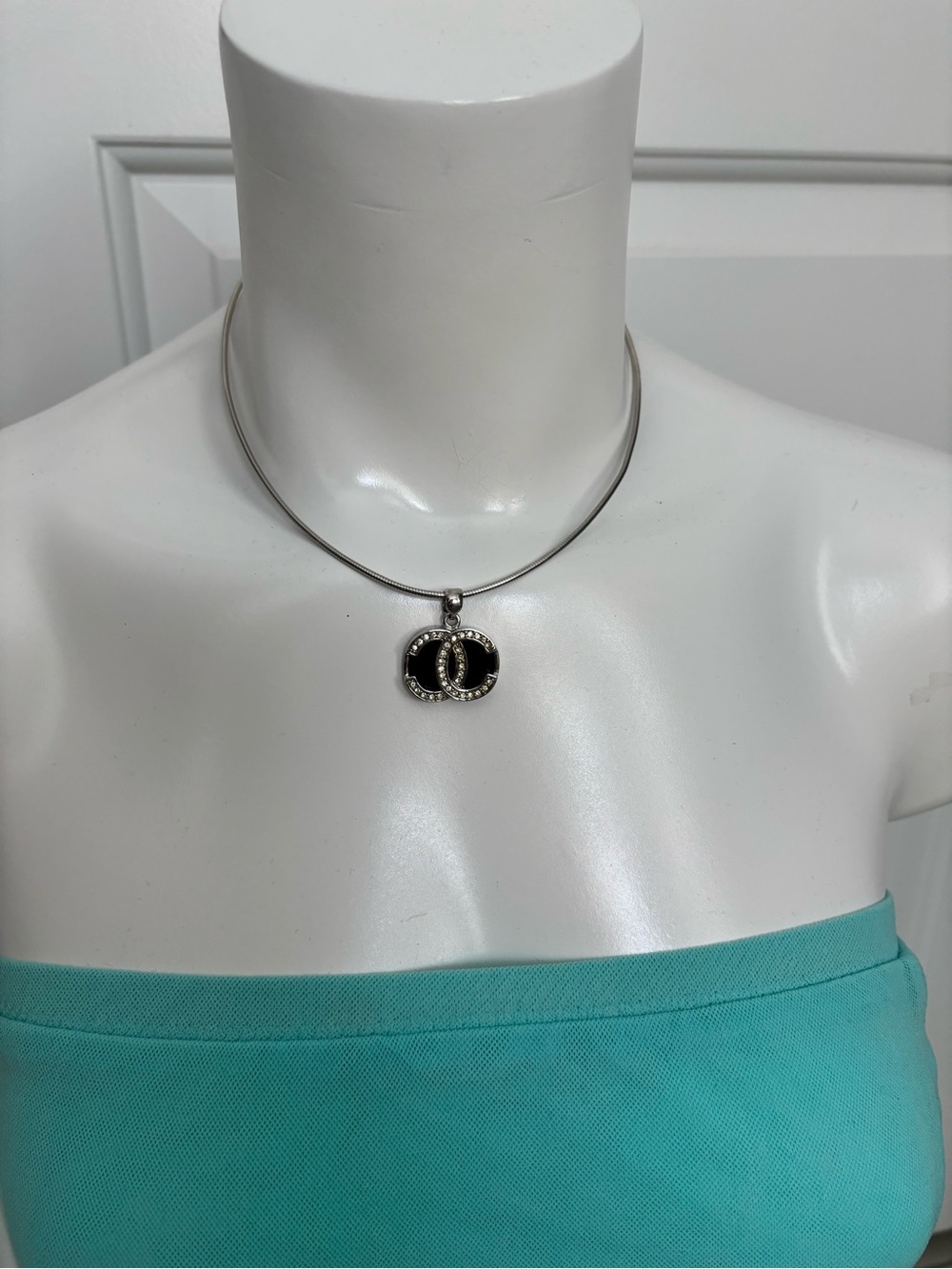 Silver-Tone Necklace with Black Pave Double-Ring Pendant